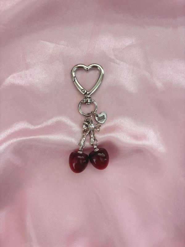 NEW Silver Mini Red Cherry Bow Rhinestone Bag Charm Keychain