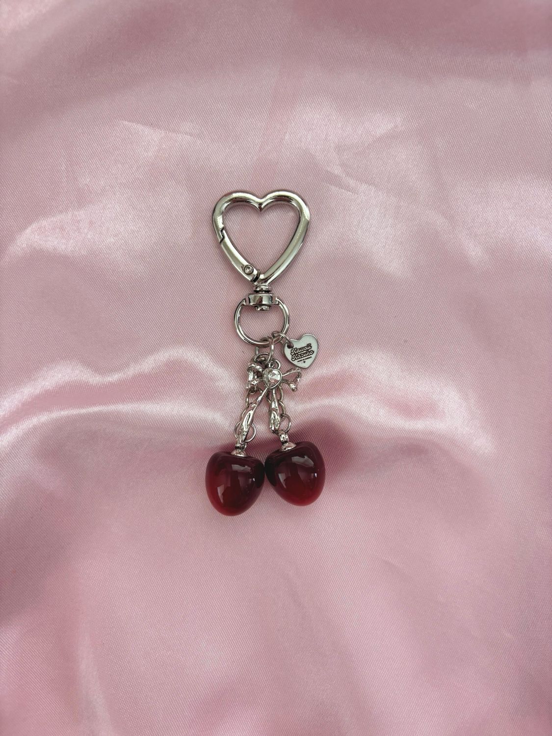 NEW Silver Mini Red Cherry Bow Rhinestone Bag Charm Keychain