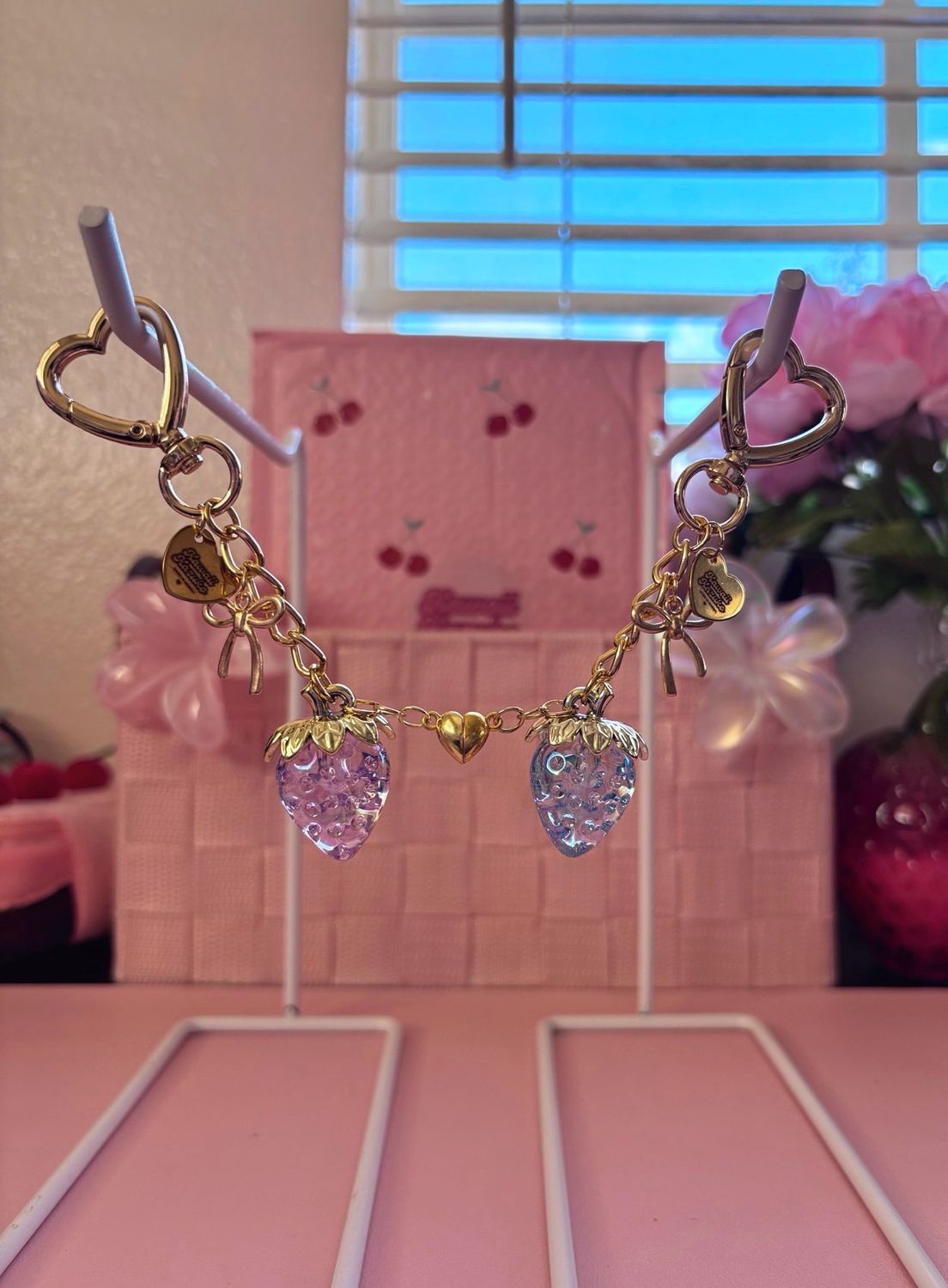 ✨NEW Gold Purple &amp; Blue Matching Strawberry Heart Connecting Bag Charm Set
