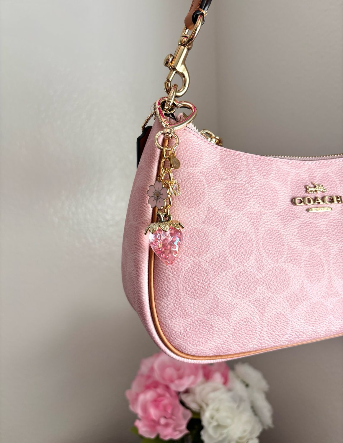 Gold Pink Strawberry Cherry Blossom Bag Charm Keychain