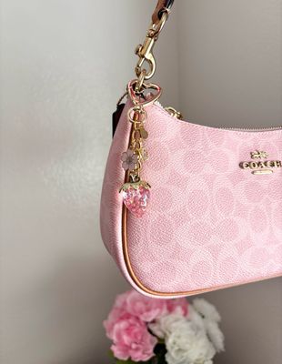 Gold Pink Strawberry Cherry Blossom Bag Charm Keychain