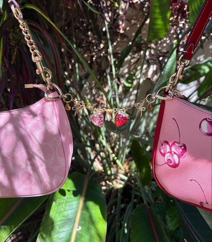 Gold Pink &amp; Red Matching Strawberry Heart Connecting Bag Charm Set