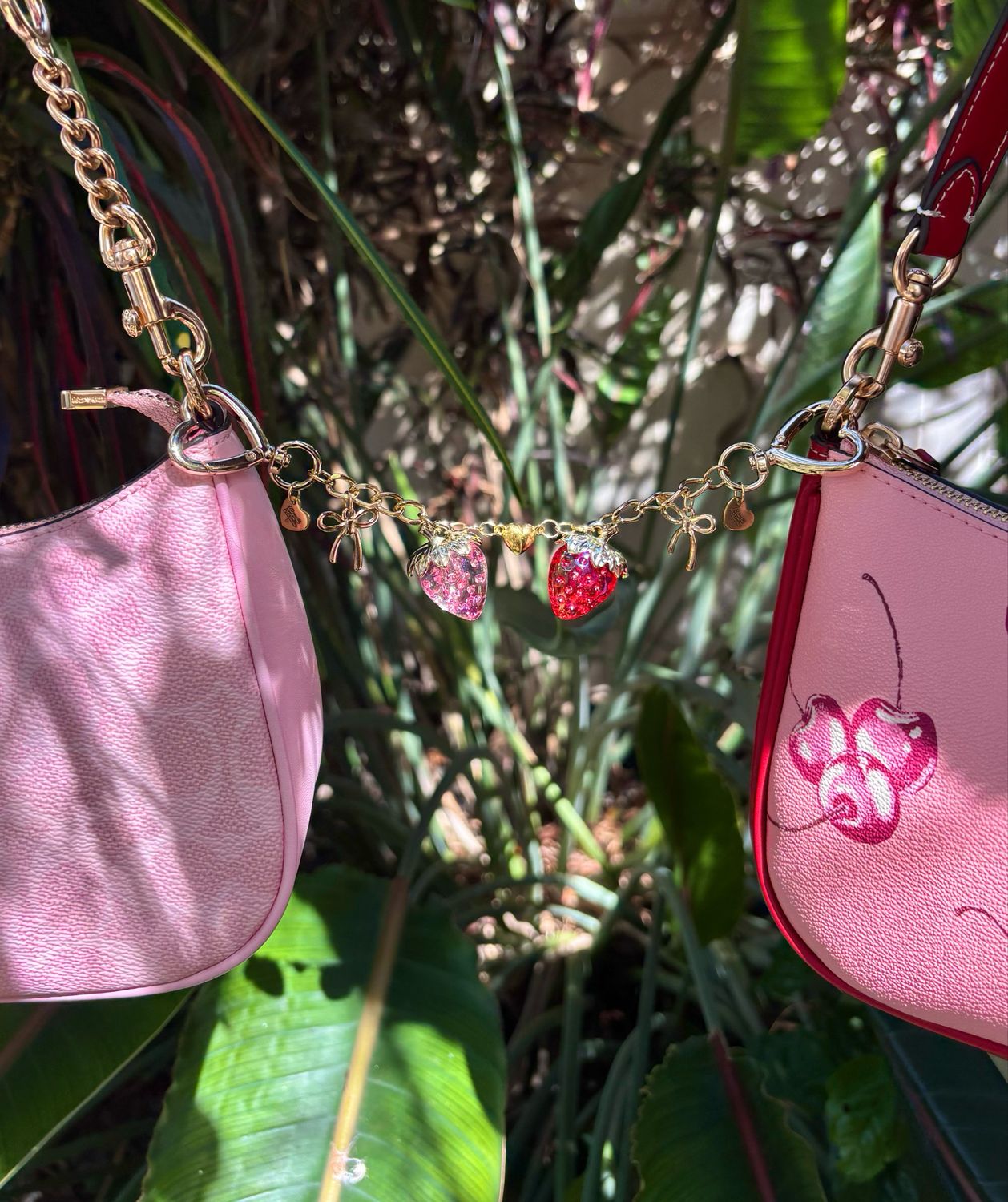 Gold Pink &amp; Red Matching Strawberry Heart Connecting Bag Charm Set