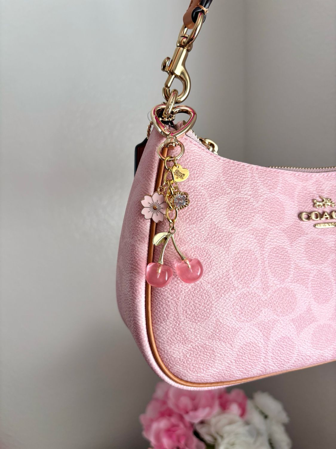 NEW Gold Pink Cherry Blossom Flower Rhinestone Bag Charm Keychain