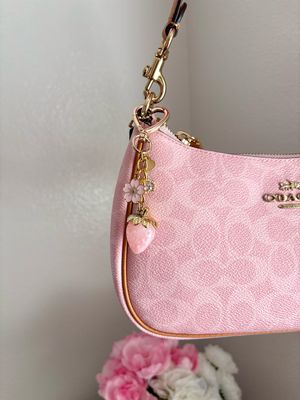 NEW Gold Baby Pink Strawberry Cherry Blossom Flower Rhinestone Bag Charm Keychain