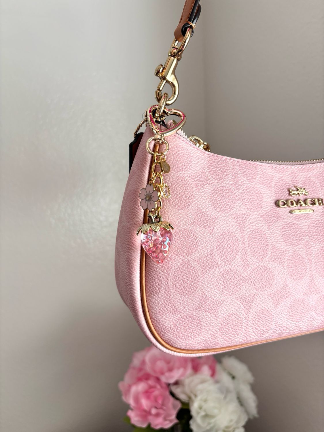 Gold Pink Strawberry Cherry Blossom Flower Rhinestone Bag Charm Keychain