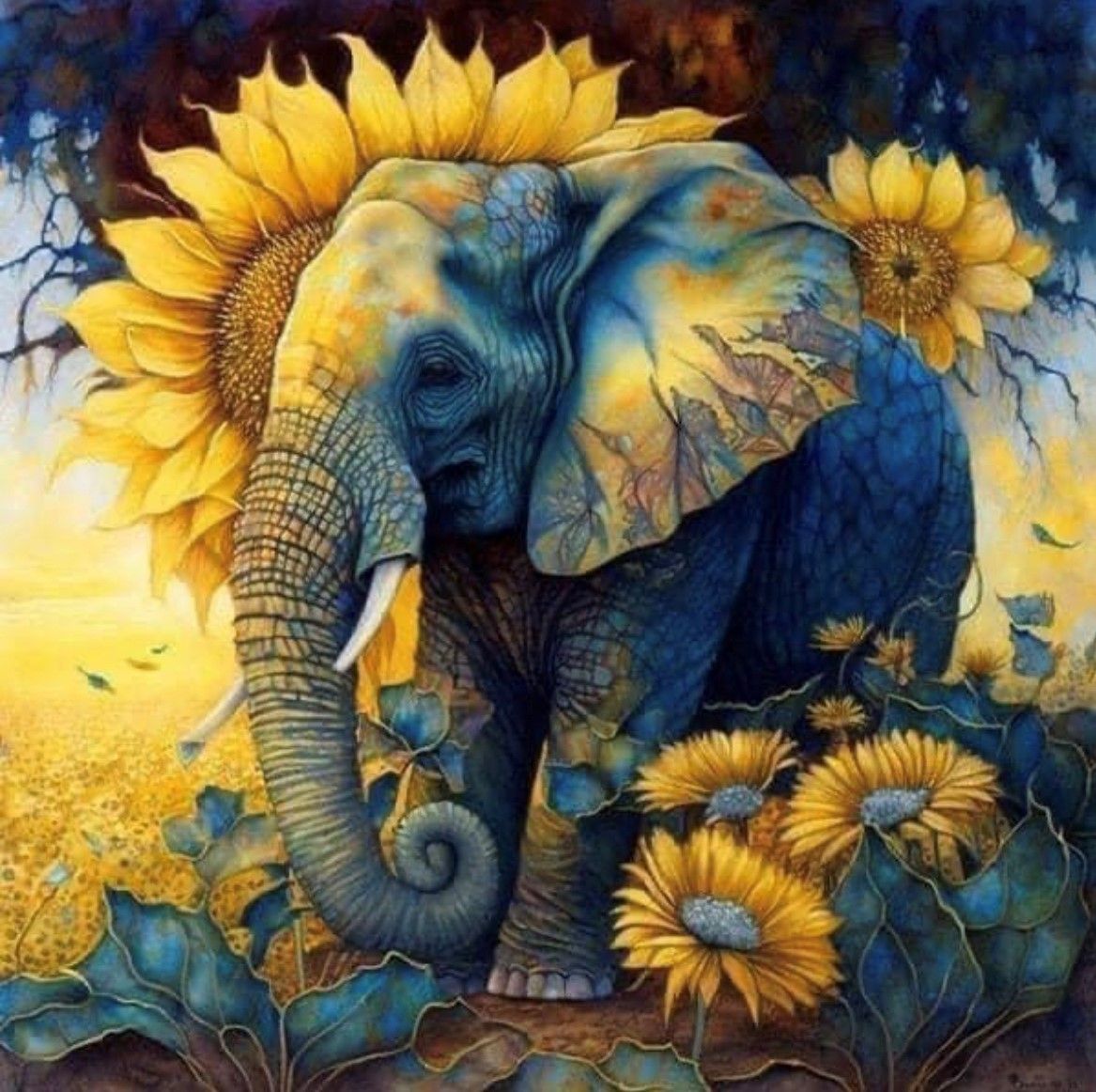 Elephant with Sunflower