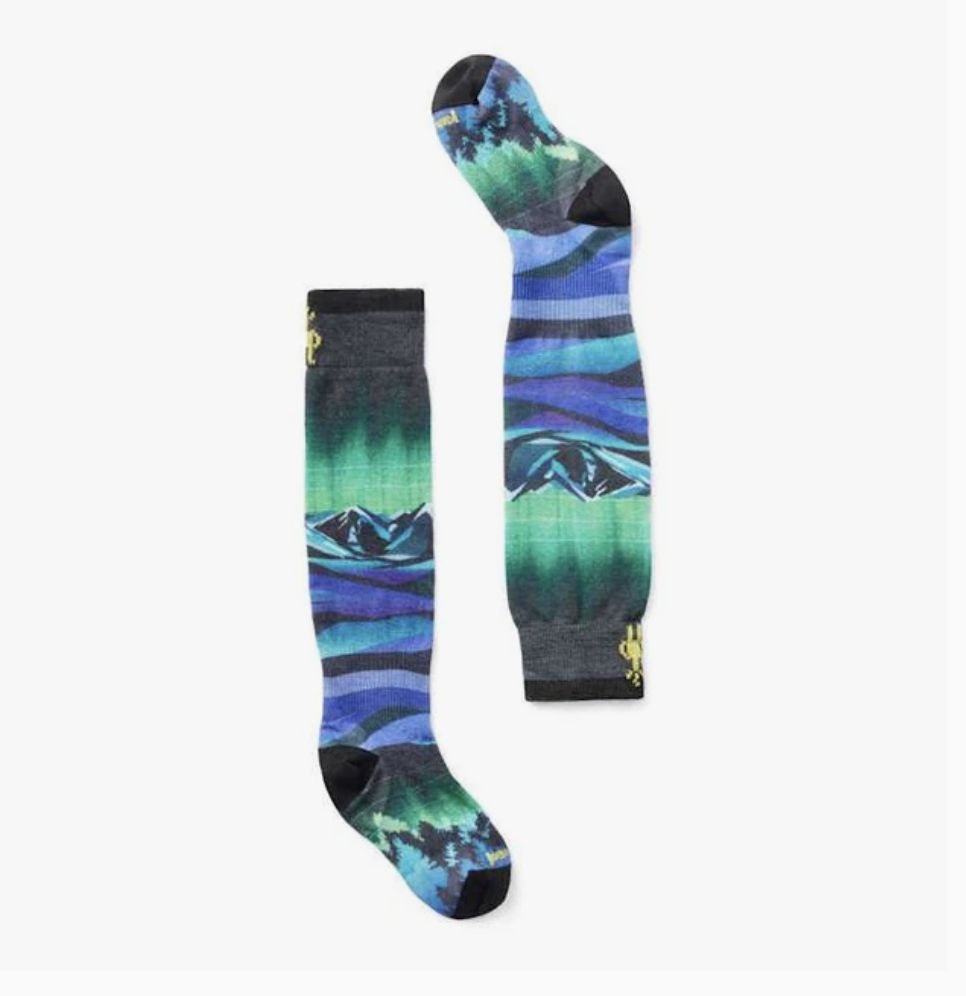 Junior Ski Zero Cushion Aurora Flash Print OTC Socks, Colour: BLACK, Size: L