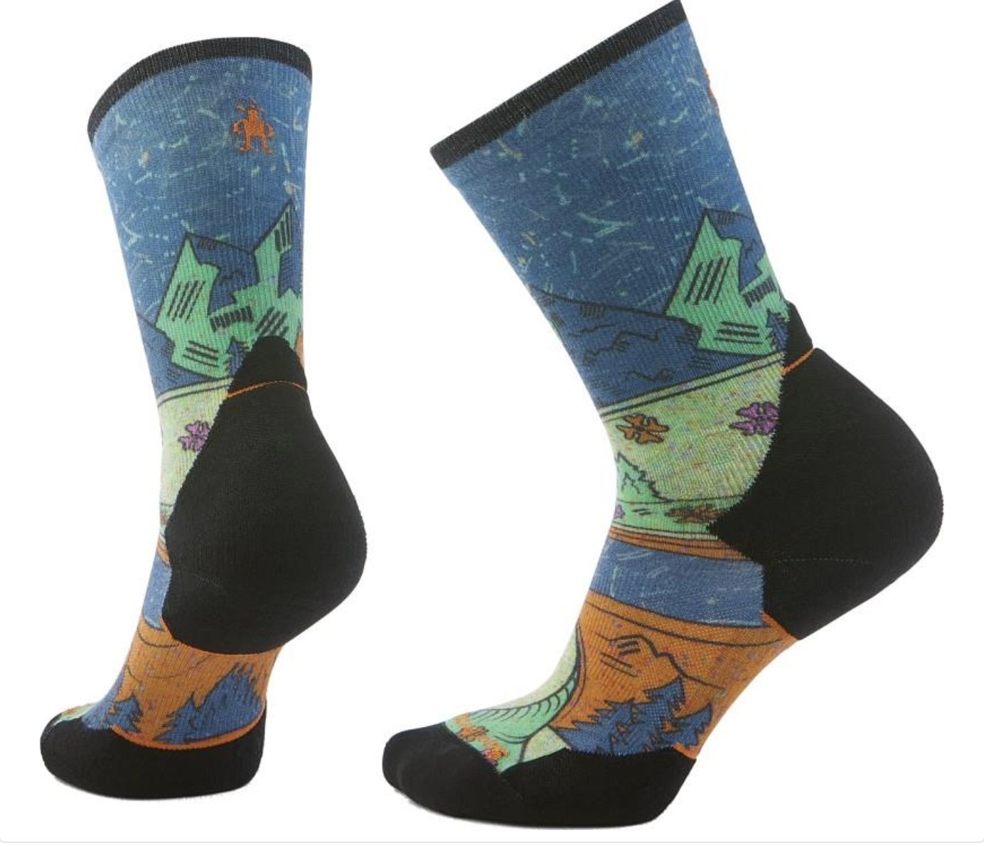 Women's Trail Run Targeted Cushion Mountain Print Crew Socks, Colour: TWILIGHT BLUE, Size: S