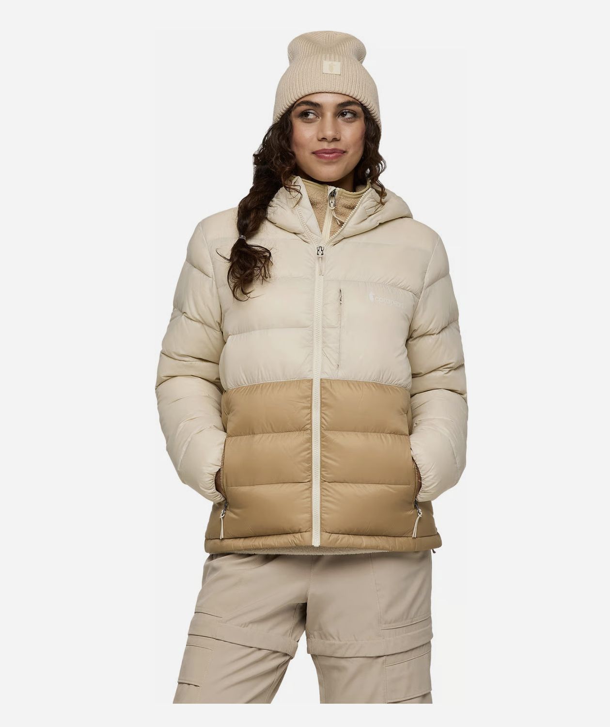 Fuego Max Down Hooded Jacket - Womens, Colour: Cream and Khaki, Size: S