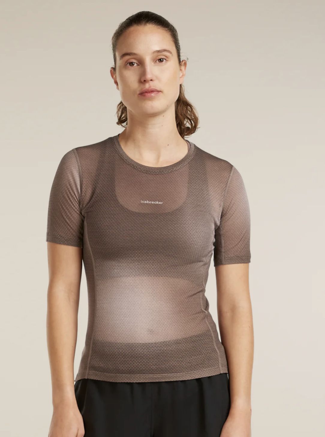 Women Merino Blend 75 Cool-Lite Featherlight SS Crewe AOP, Colour: PORCINI/PINK QUARTZ/AOP, Size: Small