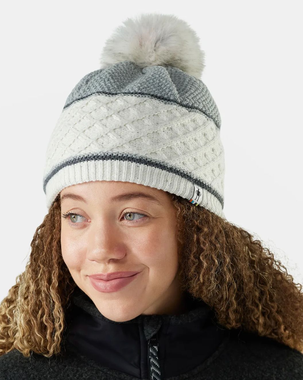 Cable Knit Colorblock Pom Beanie, Colour: NATURAL, Size: 1FM