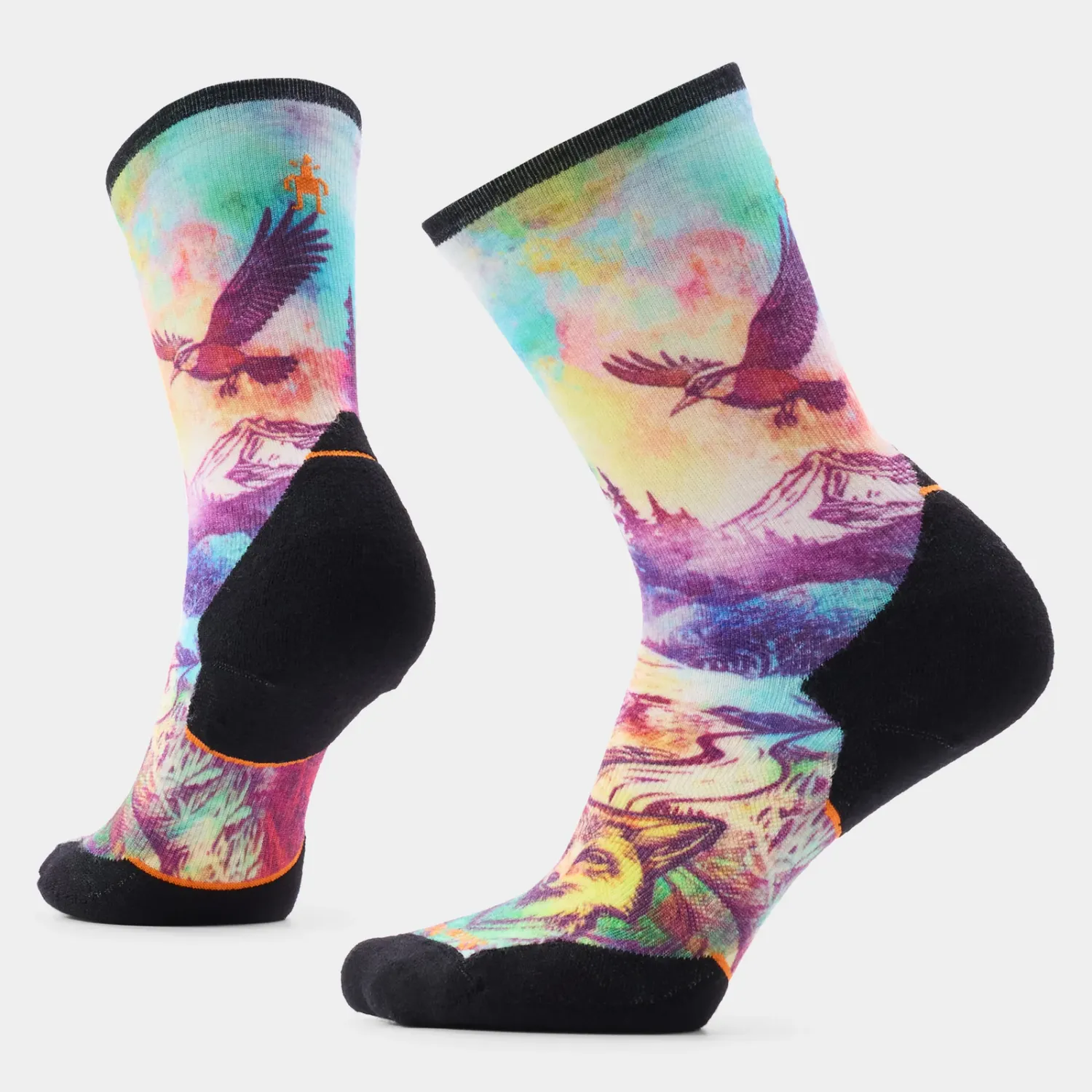 Women's Trail Run Targeted Cushion Serene Peak Print Crew Socks, Colour: DUSTY TEAL, Size: S