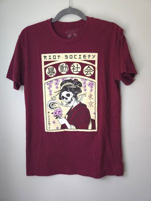 Riot Society T-Shirt Skeleton Geisha Cherry Blossom Men&#39;s Medium Graphic Tee Maroon - GU