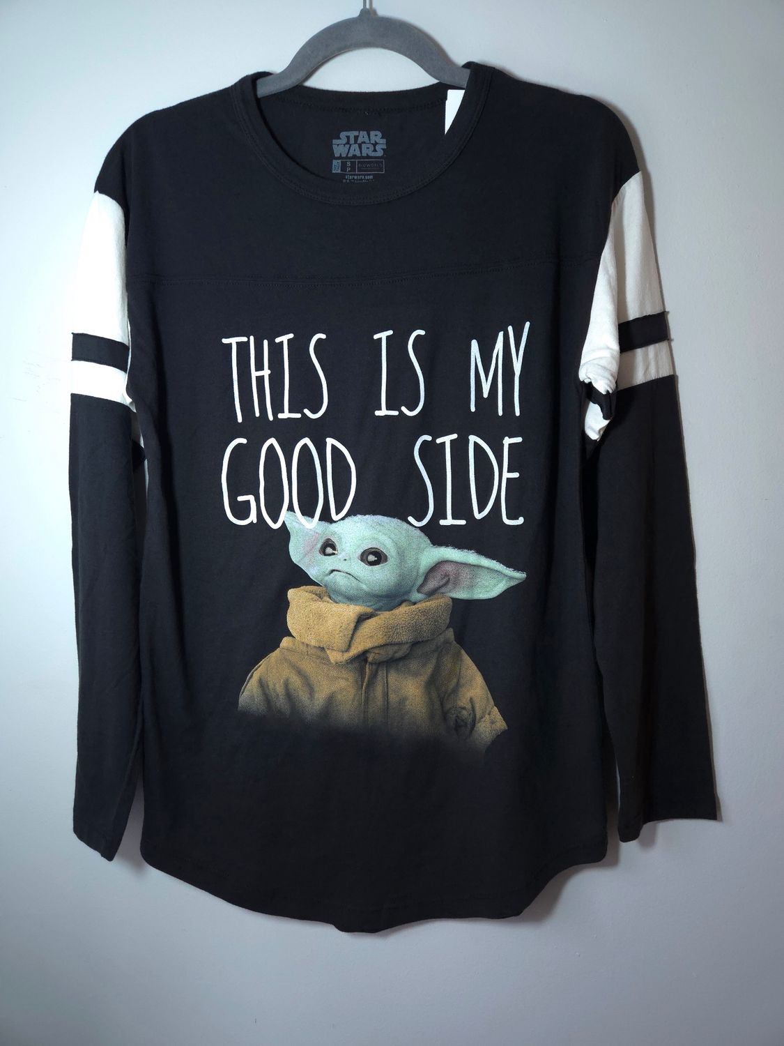 Star Wars: Baby Yoda Grogu &quot;This is my good side&quot; Long-sleeve Shirt Unisex Men&#39;s Small (S) / Women&#39;s Large (L) Black and White - NWT