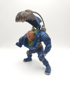 Front view of the figure, highlighting the detailed facial expression and open shark jaw of the jet pack.