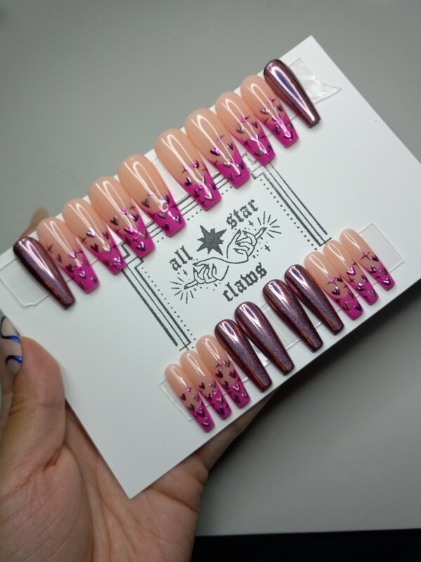 RTS Long Coffin Nude-Fuchsia-French Tip-Pink-Holographic Chrome-Purple-Chrome Hearts-Gel Press Ons