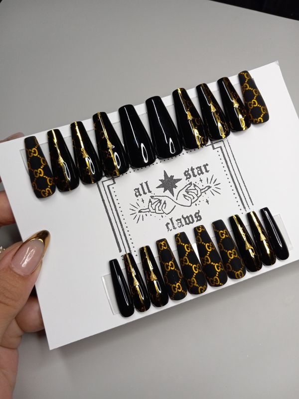 RTS Long Coffin-Black-Gold-Gel Press Ons