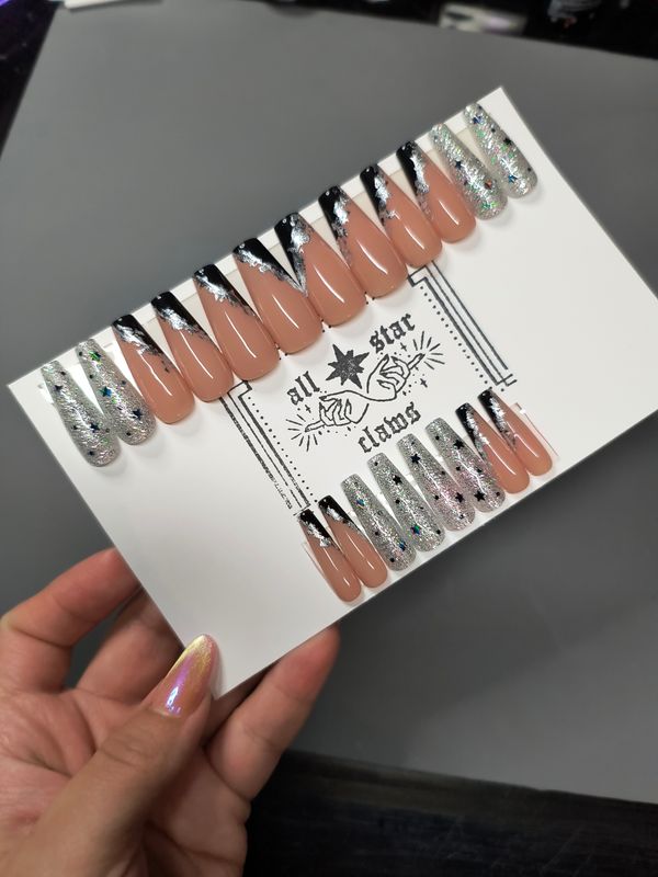 RTS Long Coffin| Black| Foil| Silver| Gel Press Ons