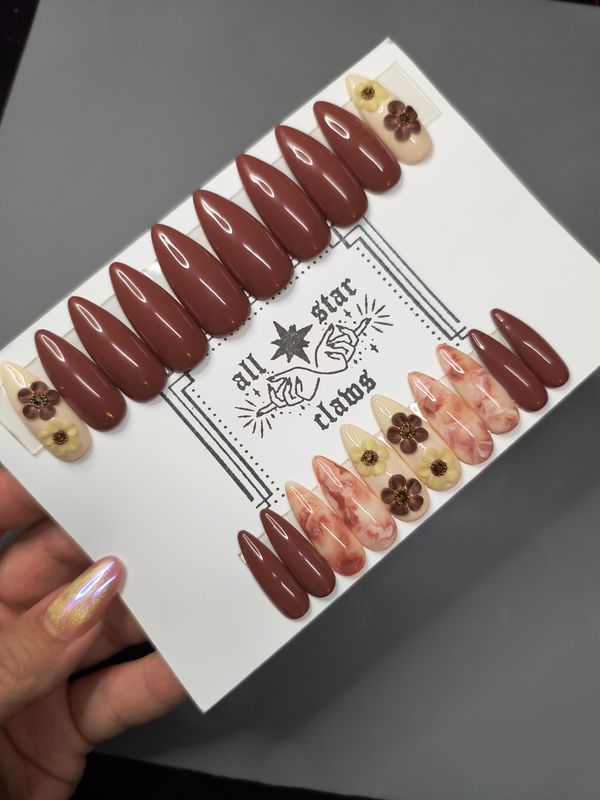 RTS Long Almond| Brown| Marble| 3D Flowers| Rhinestones| Gel Press Ons