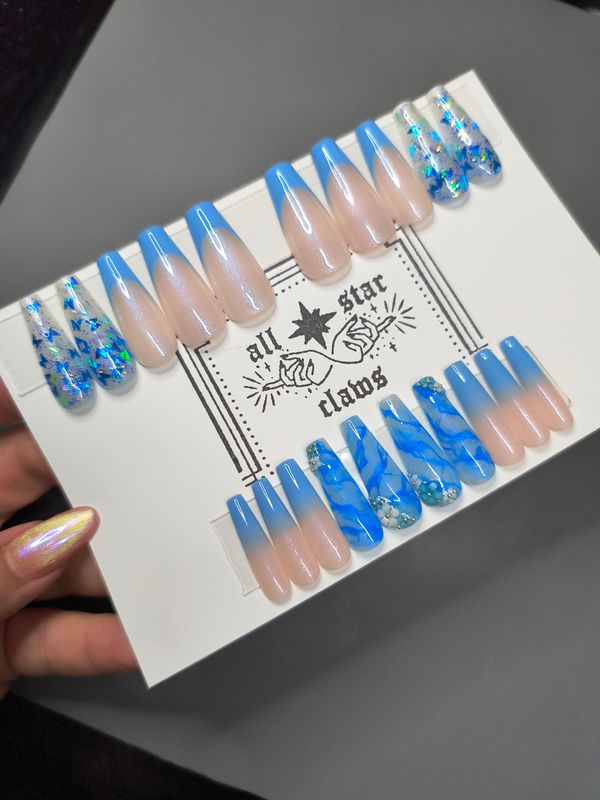 RTS Long Coffin| Blue| French| Shimmery| Butterfly| 3D flowers| Gel Press Ons