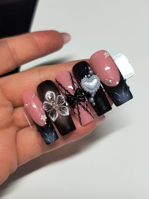 3D Textured| Black| Aura| Lace| 3D Flower| Bow| Pearl Gel Press ons