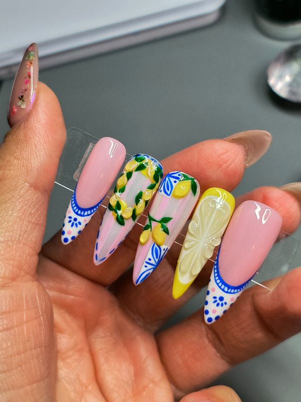 Citrus| 3D Lemon| Blue| Pink| Tile| Spring| Summer| Gel Press ons