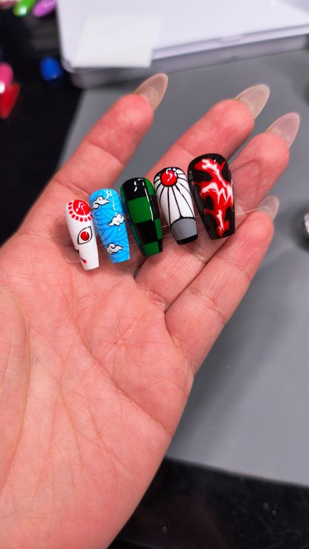 Tanjiro| Fire| Hanafuda| Checkered Haori| Water| Fox Mask| Demon Slayer| Hand Painted| Anime| Gel Press ons