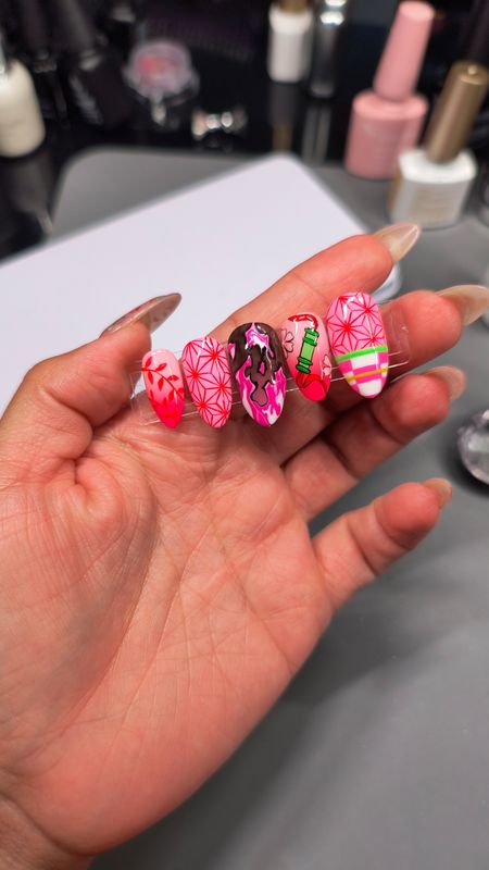 Nezuko| Pink| Kimono| Bamboo| Fire| Cherry Blossom| Demon Slayer| Hand Painted| Anime| Gel Press ons