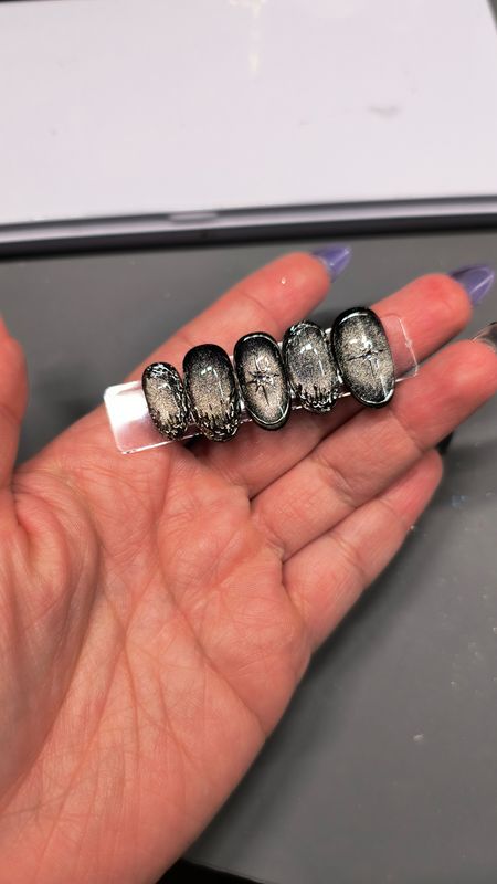 Midnight Relic| Black| Cat Eye| Silver Chrome| Rhinestones| Gel Press Ons