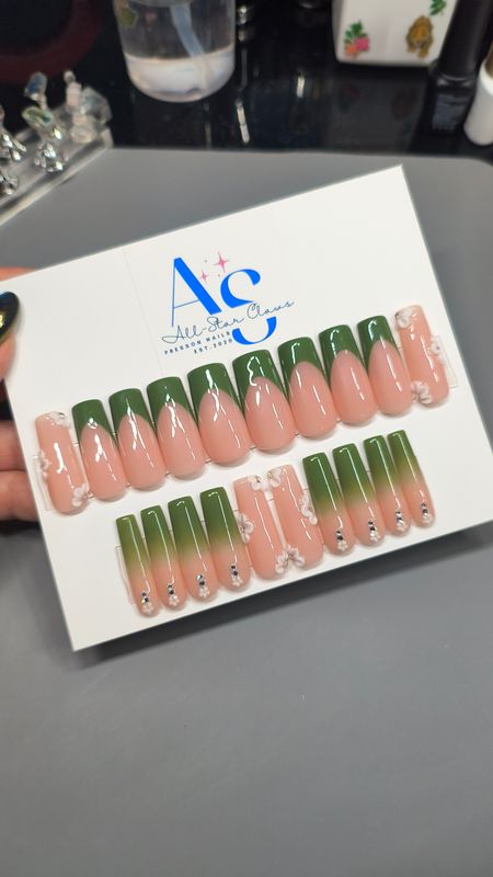 RTS Long Square| Sage Green| 3D flowers| Rhinestone | Gel Press Ons