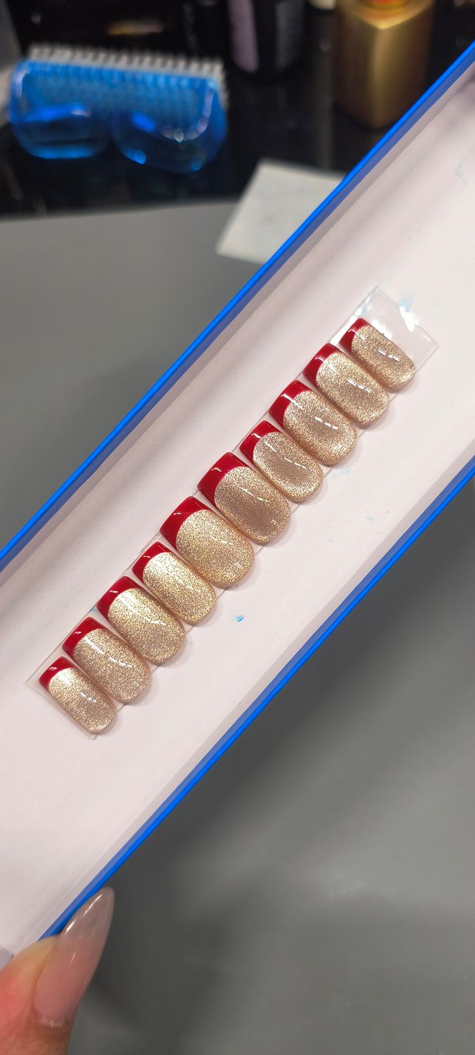 Red French Tip| Cat Eye| Short Square| Med| Gel Press ons
