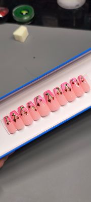 Valentine| Medium Coffin| Cat Eye French Tip| Pink| Heart Cherries| Small| Gel Press ons