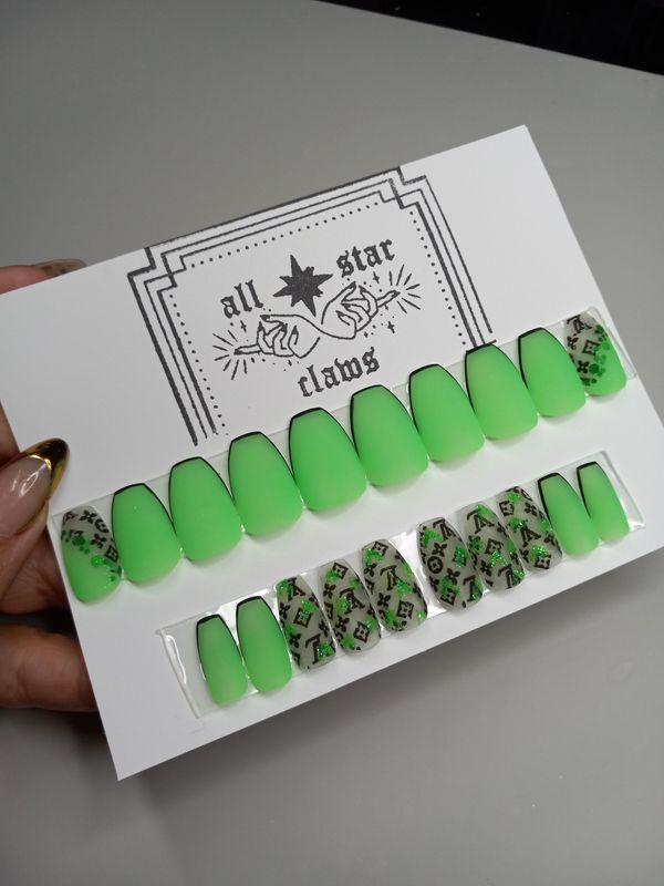 RTS Short Coffin| Matte| Green LV| Gel Press Ons