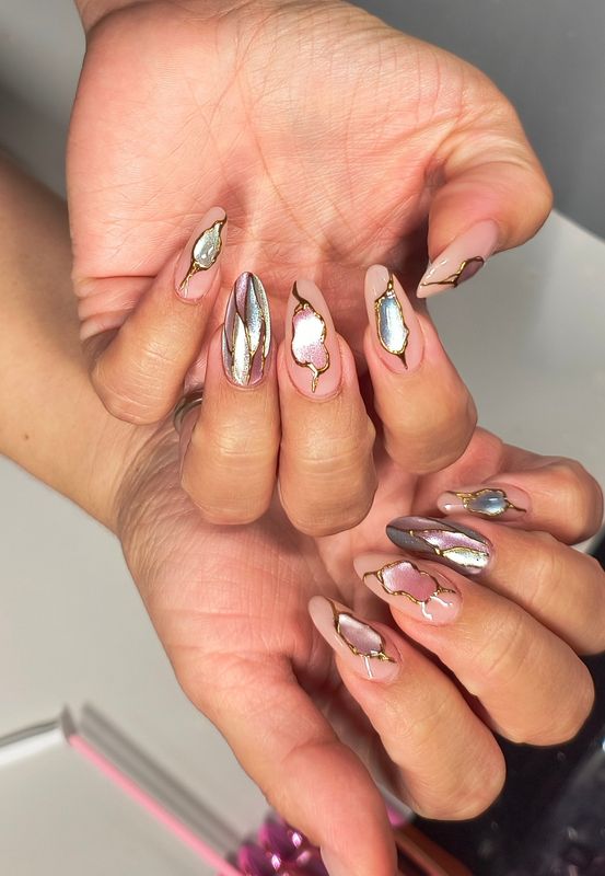 Gemstone Glass| Cat eye| Gold Chrome| Gel Press ons