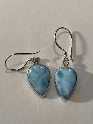 Larimar in Solid Sterling Silver Bali Hooks Earrings Beautiful Picturesque Larimar Clouds and Blue Sky Earrings
