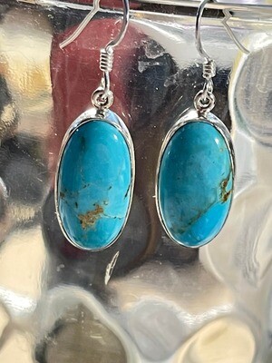 Kingman Turquoise Dangle Earrings Bezel Set in Solid Sterling Silver, long elegant stones, March Birthstone, not perfect