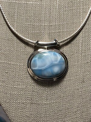 Larimar Rare Side Lying Oval High Grade Stone Solid Sterling Silver Pendant with Solid Sterling Silver Braided Rope Chain Necklace