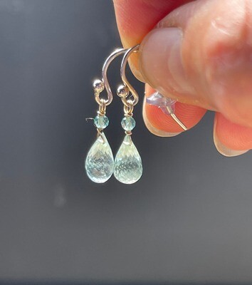 Tiny Faceted Aquamarine Briolette Dangle Earrings with Sterling Silver Bali Hooks