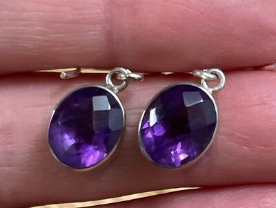 Deep Purple Peruvian Amethyst Earrings Faceted in Solid Sterling Silver Bezel and Solid Sterling Silver Bali Hooks