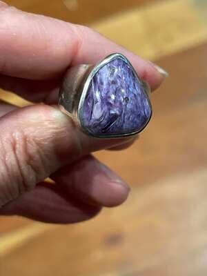 Rare Elegant Sterling Silver Work and Charoite Freeform Cabochon Ring Size 8.0