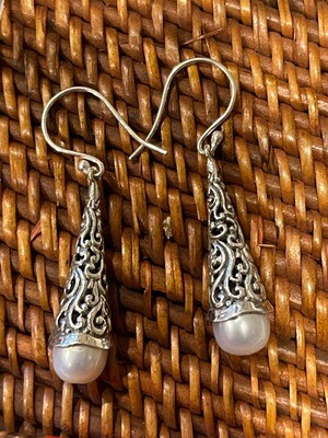 Pearl and Sterling Silver Bali Earrings, Balinese Silver Work, Sterling Silver Bali Hooks, Elegant