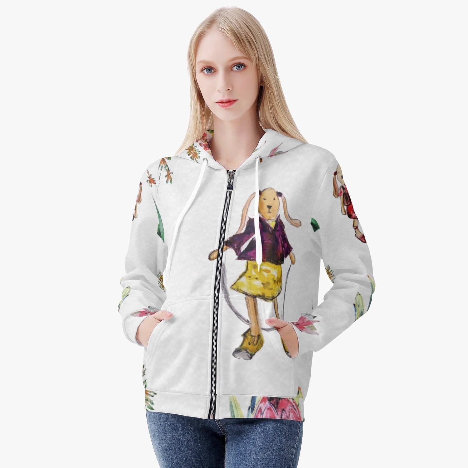 Women&#39;s AOP Full Zip Up Hoodie L&#39;Atelier Variety of Jackets Red/Yellow Roses, Protea Print and Rabbit Print