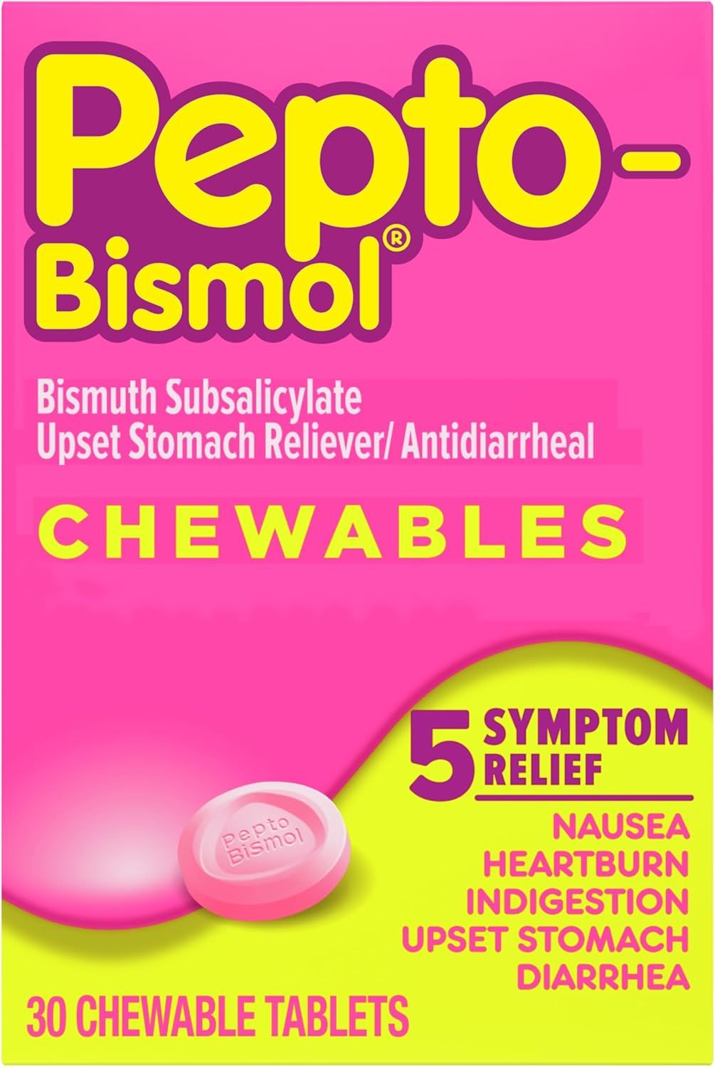 Pepto Bismol Chewables 30ct Stomach Reliever Antidiarrheal Exp. 6/26