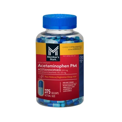Member’s Mark Extra Strength PM Gelcaps 375 Count – Nighttime Sleep Aid Bottle - front view