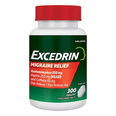 Excedrin Migraine 300 Caplets, Acetaminophen Aspirin Caffeine Formula. Migraine Relief Tablets bottle - front view.