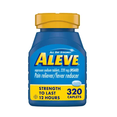 Aleve Naproxen Sodium 220 mg NSAID Pain Reliever/Fever Reducer 320 tablets Aleve Naproxen Sodium 220 mg Pain Reliever & Fever Reducer – 320 Caplets Bottle - front view.