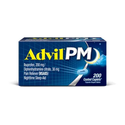 Advil PM 200 coated caplets bottle – nighttime pain reliever and sleep aid. Packaging front view