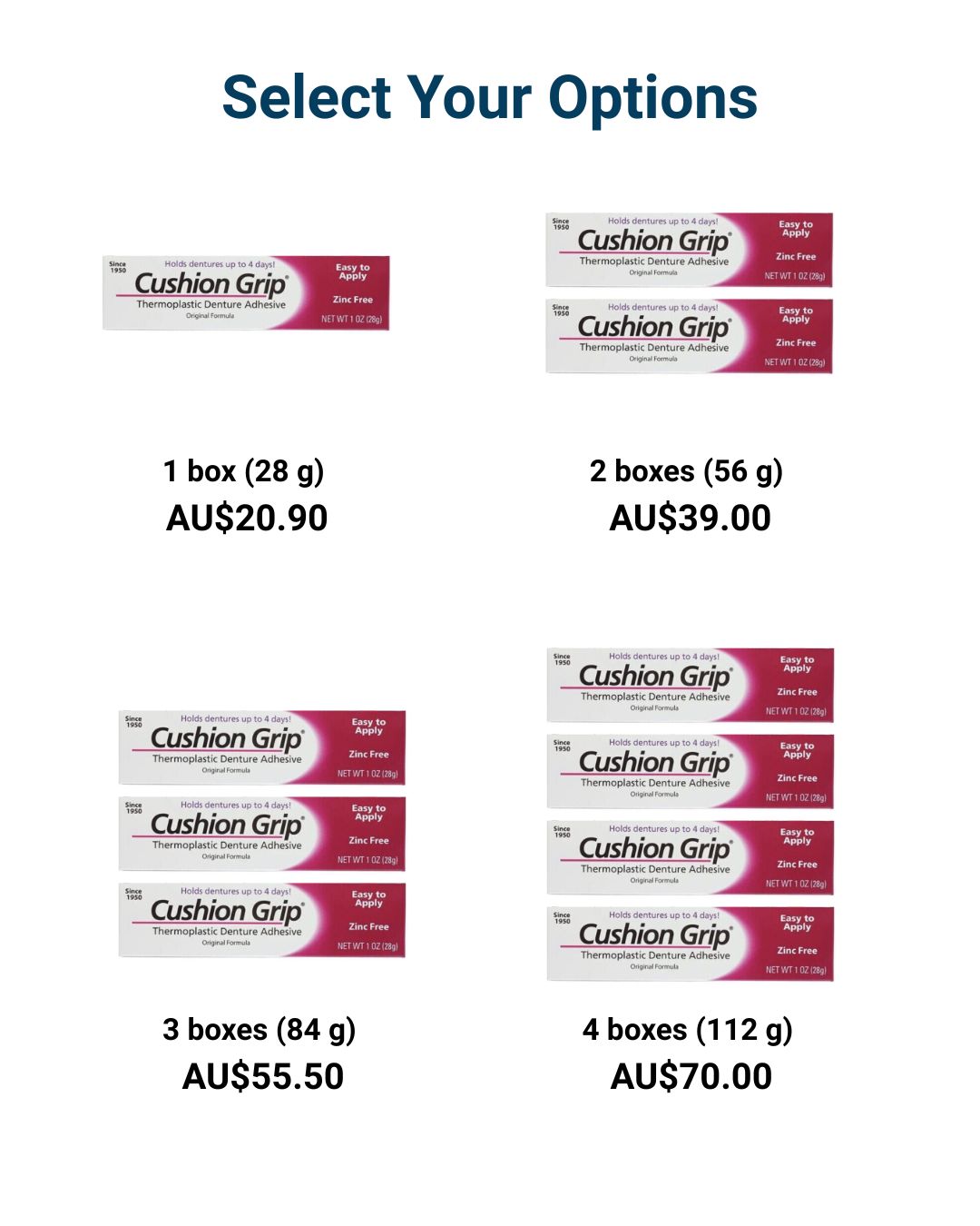 Cushion Grip denture adhesive 28g zinc-free - bundle and save