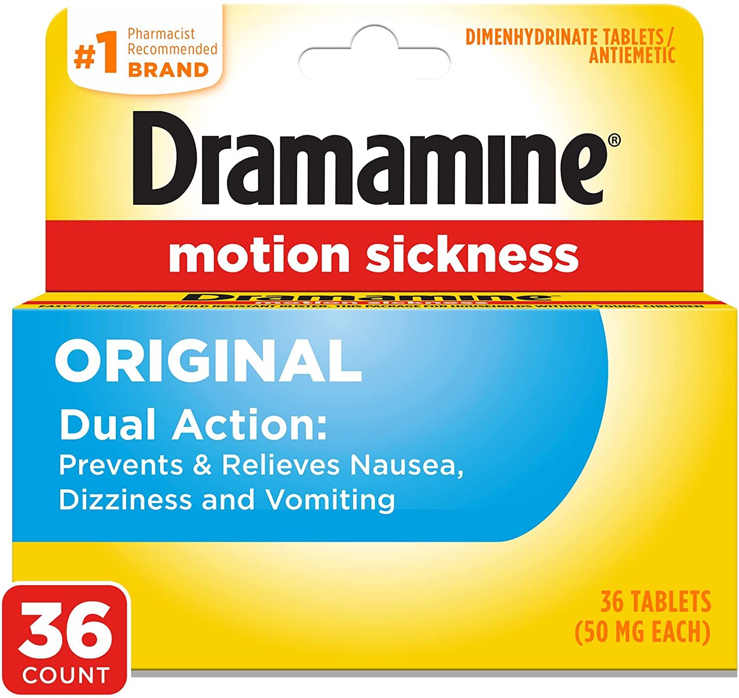 Dramamine Original Formula motion sickness relief tablets 36 tablets - packaging front view.